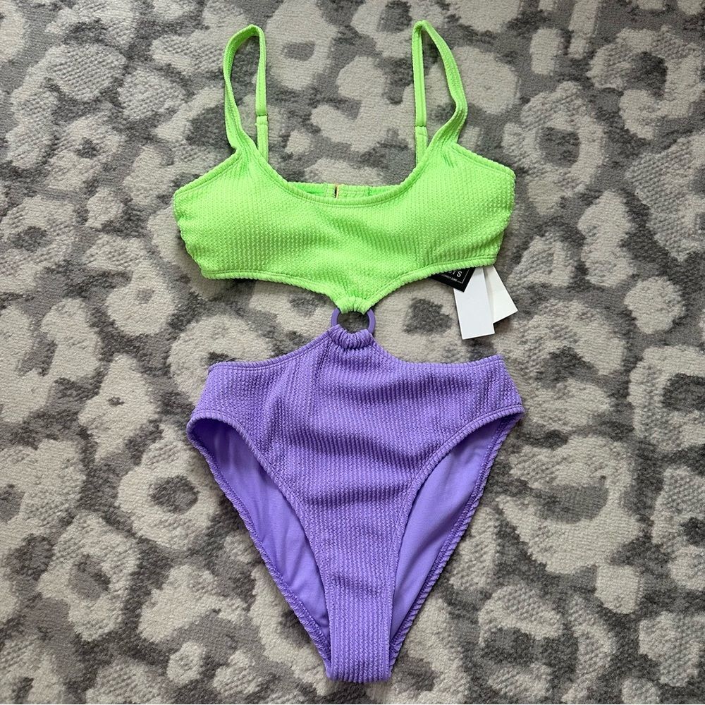 NWT Salt & Cove Small One Piece Cut Out Swimsuit Green Purple Monokini Women’s